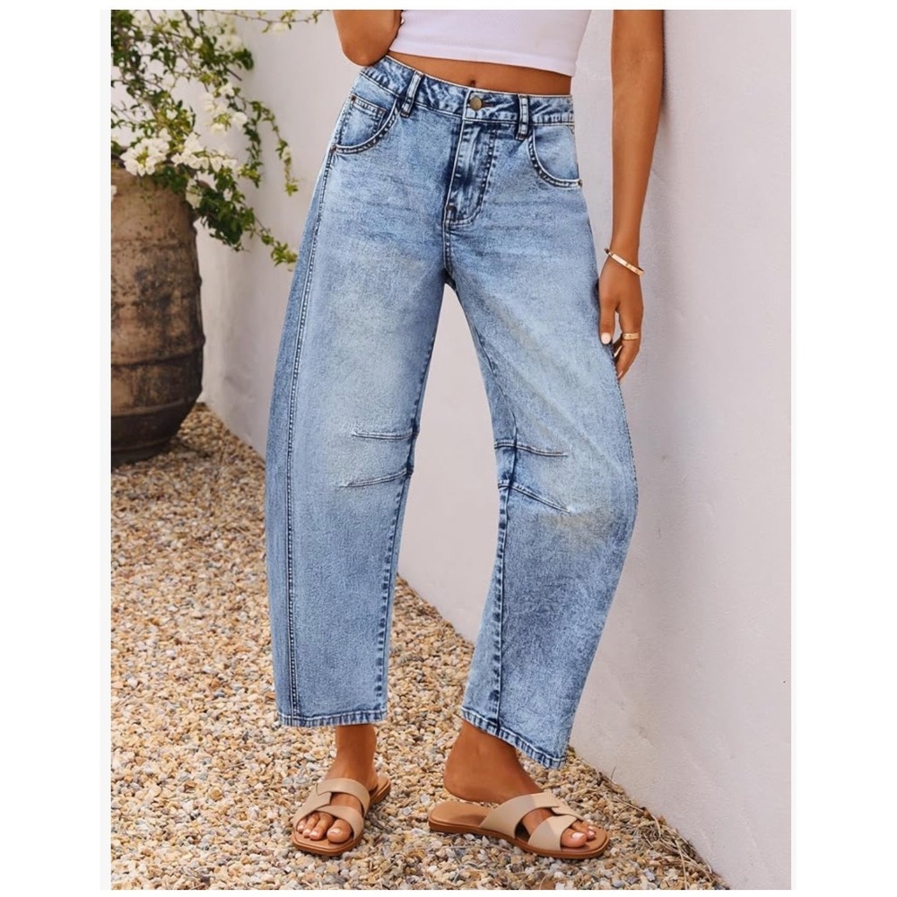 Seam Barrel Jeans XL Light Stone Washed Mid Rise Stretch Crop Baggy Streetwear